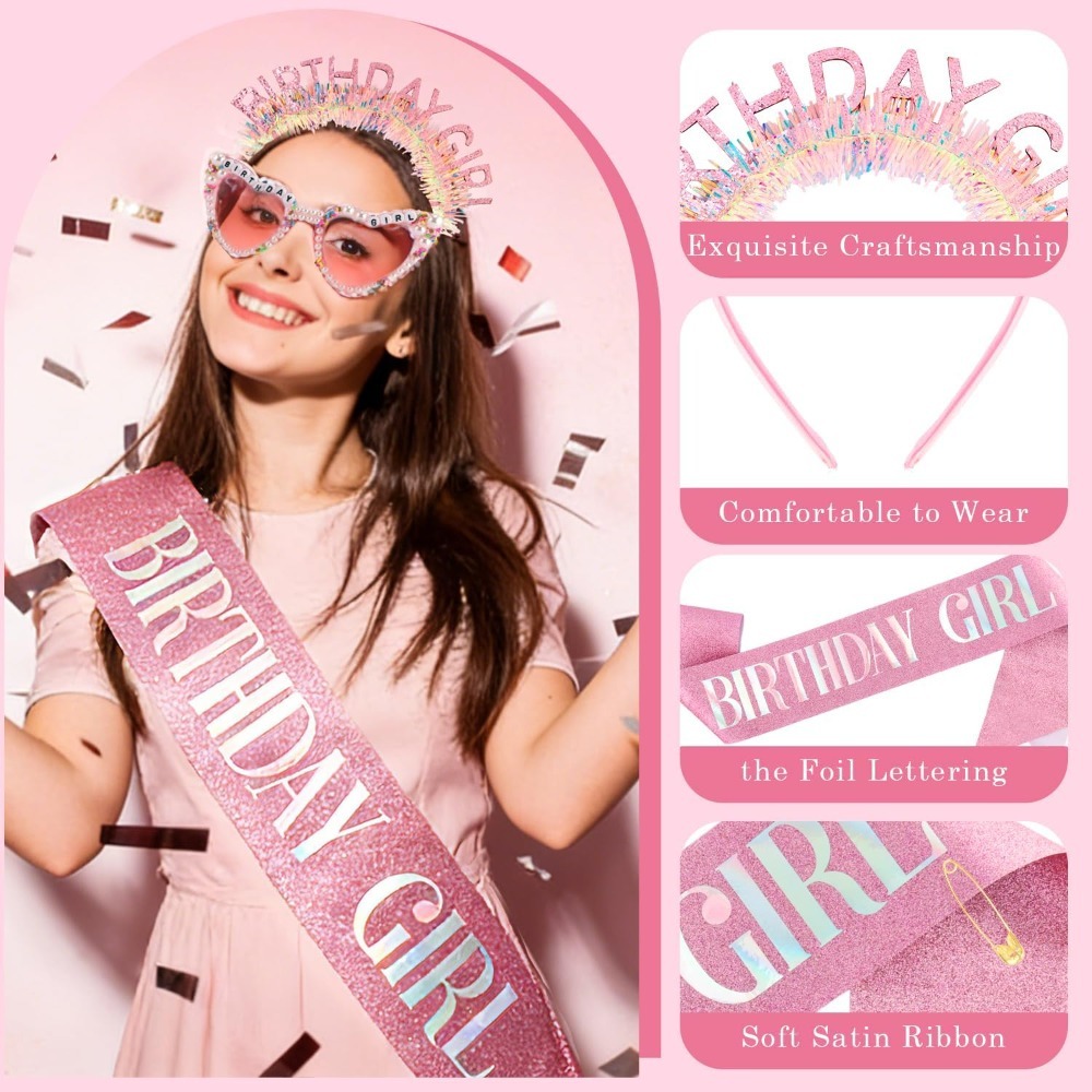 생일 소녀 띠 글리터 헤어밴드 티아라 왕관 선글라스 핑 - Birthday Sash Glitter 리뷰 및 가격